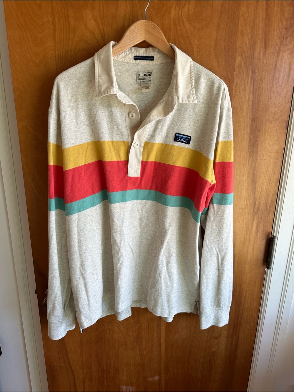 Men’s L.L. Bean Cream Crewneck Rugby shirt with Yellow, Red, Teal Stripes